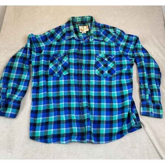 Vintage OP Ocean Pacific Mens Button Down Shirt 2XL Blue Green Plaid Flannel - Picture 9 of 10